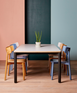 Large table with multi-coloured chairs