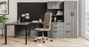 Private office space with storage and L-shaped desk