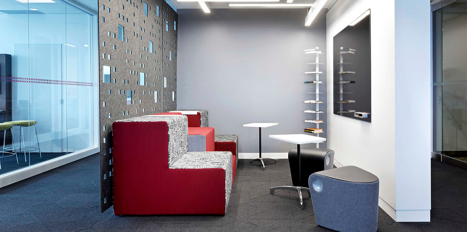 Private lounge space with stair-like chairs