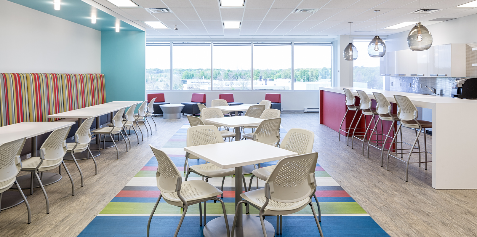 Front view of open concept cafeteria eating area